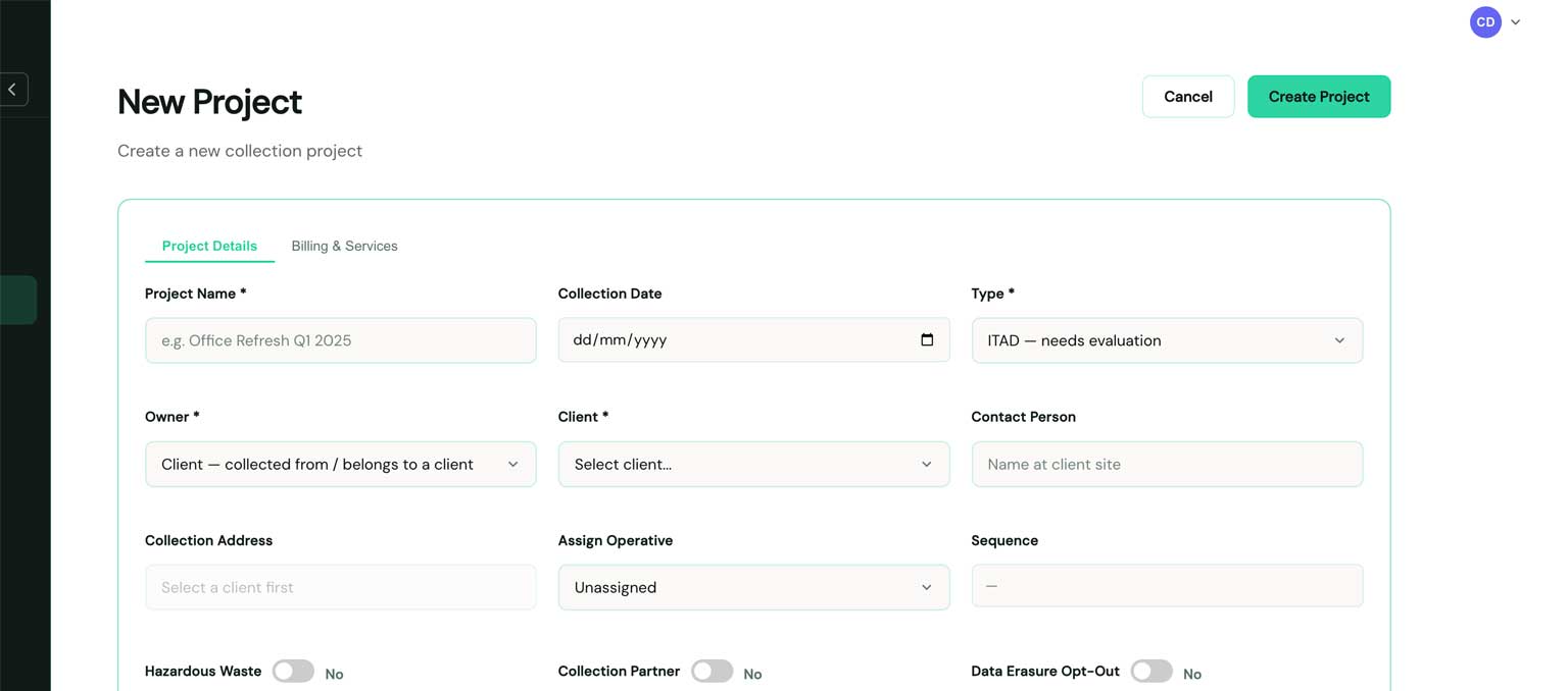 New project — required fields