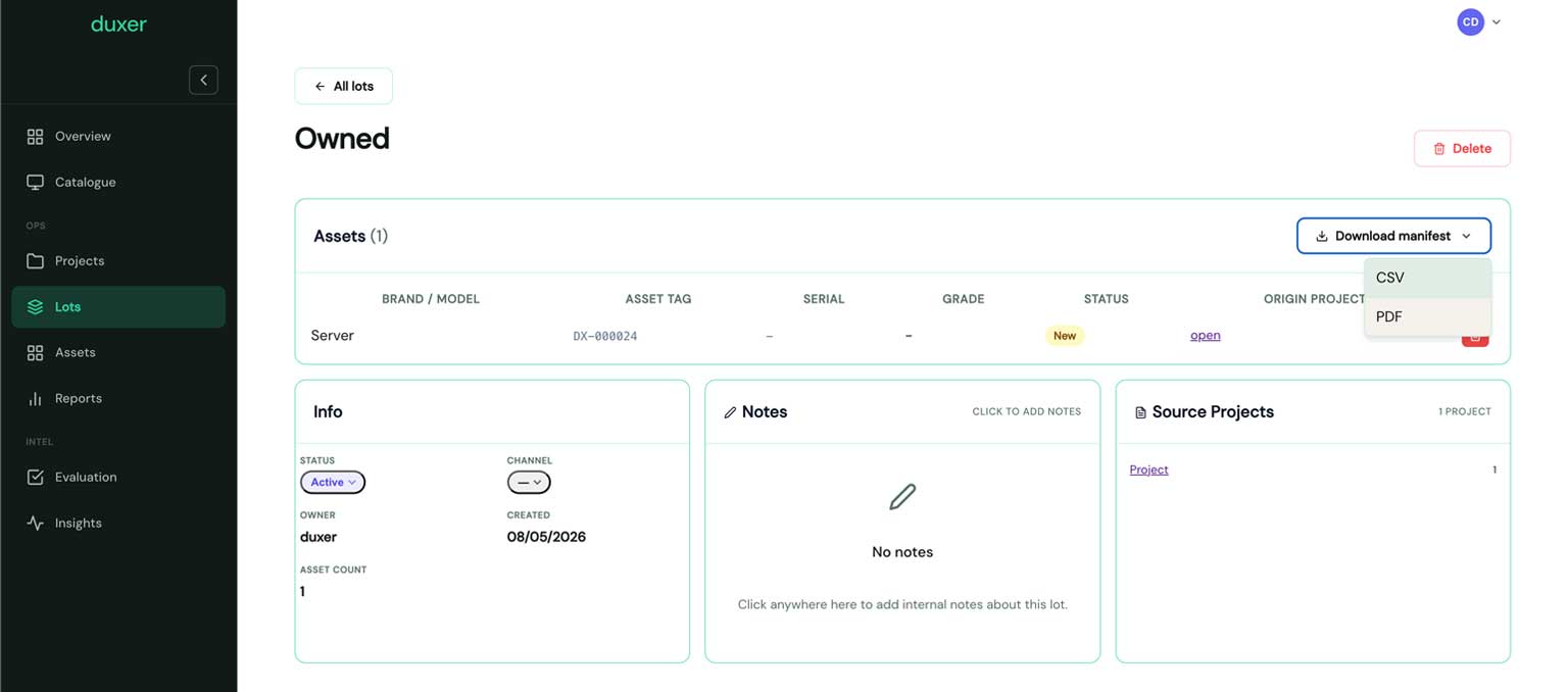 Lot manifest — assets grouped for trade sale