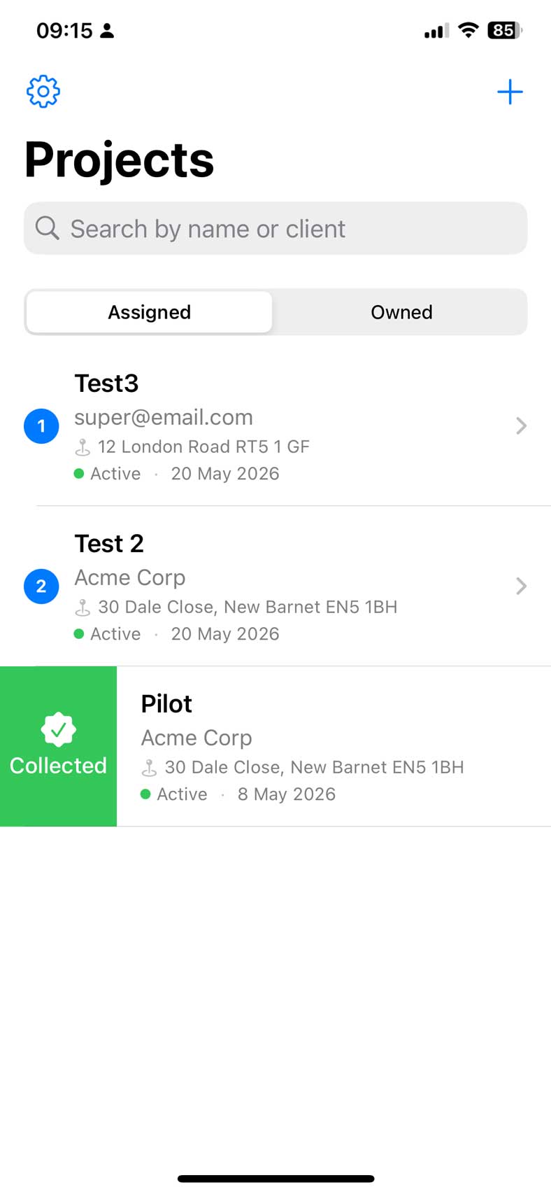 Project list — pick which job is active
